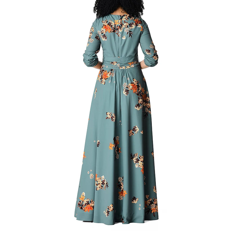 Excellent Quality Custom Flutter Floral Dress Long Sleeve Print Maxi Dress Classic Summer Holiday Casual Dress With Belt Pockets