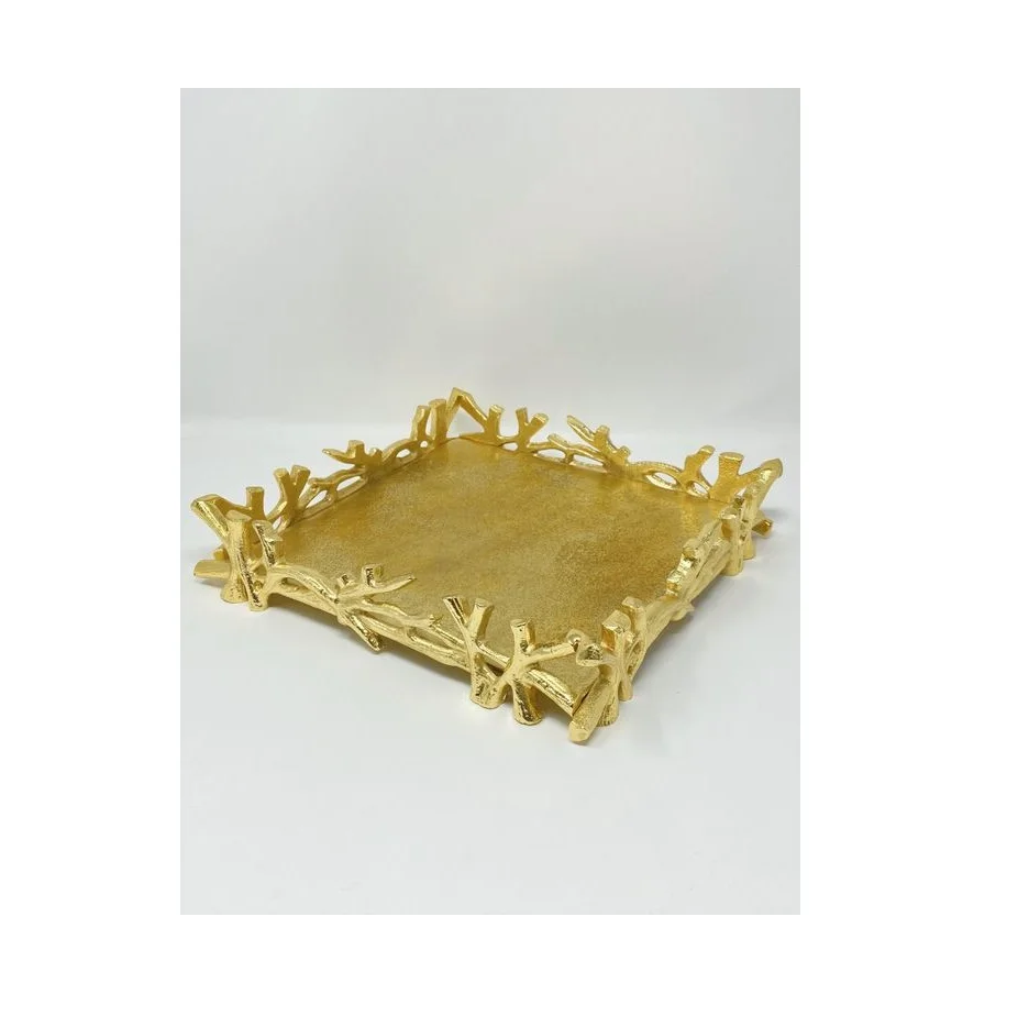 Home Decor Brass Tray For Home Kitchen Hotel Restaurant Golden Color Decorative Tray with Brass Stands Metal for Tableware