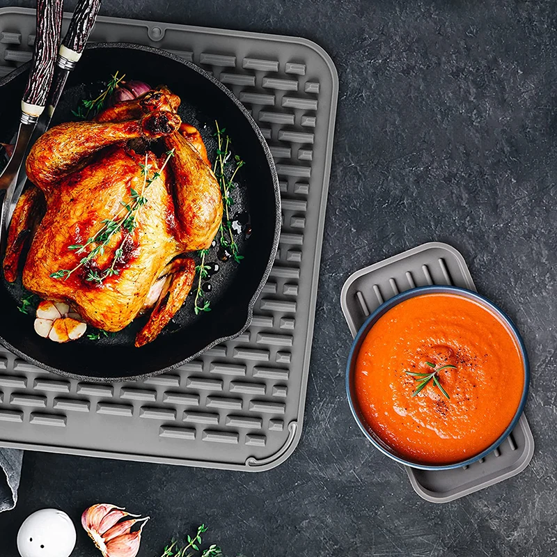 Non Slip Premium Extra High Ridges, Upgraded Thickness Silicone Dish Fast Drying Mat & Tray Countertop Protection Trivet