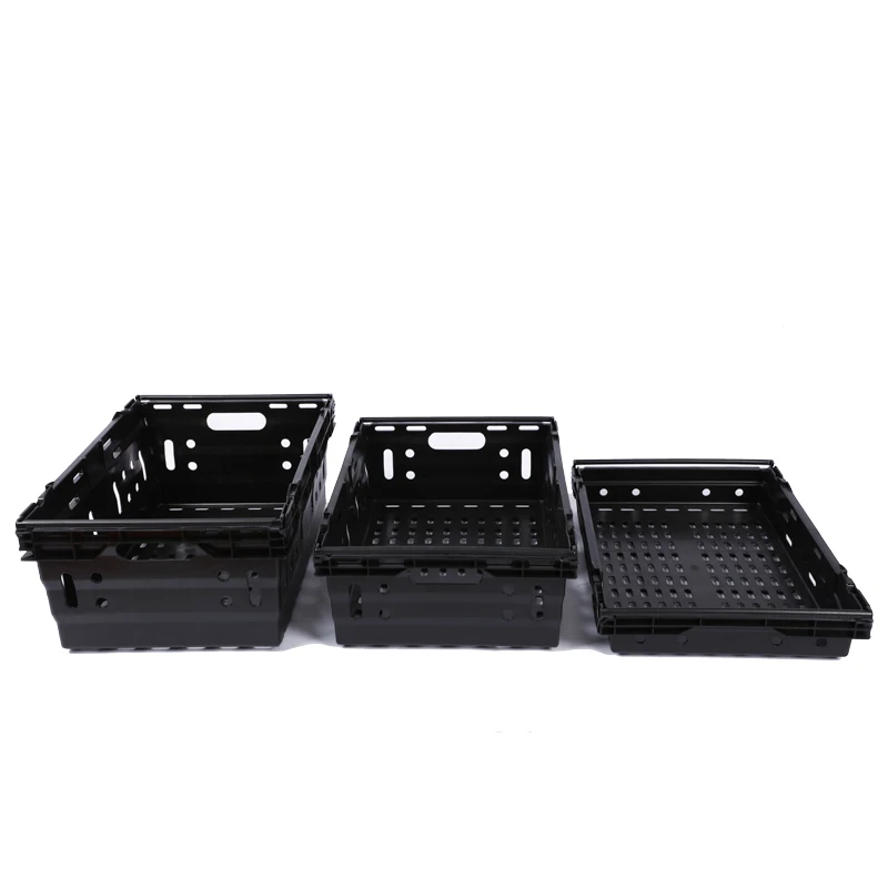 With best price Supermarket  Basket mesh Crate for fruit reusable Plastic Nestable crate with swing bar