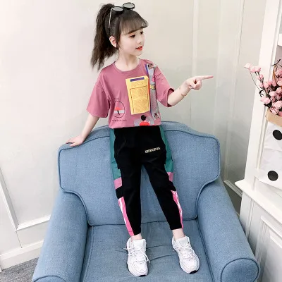 
Girls summer dress western style children girls big children summer short sleeve sports clothes set for girls 