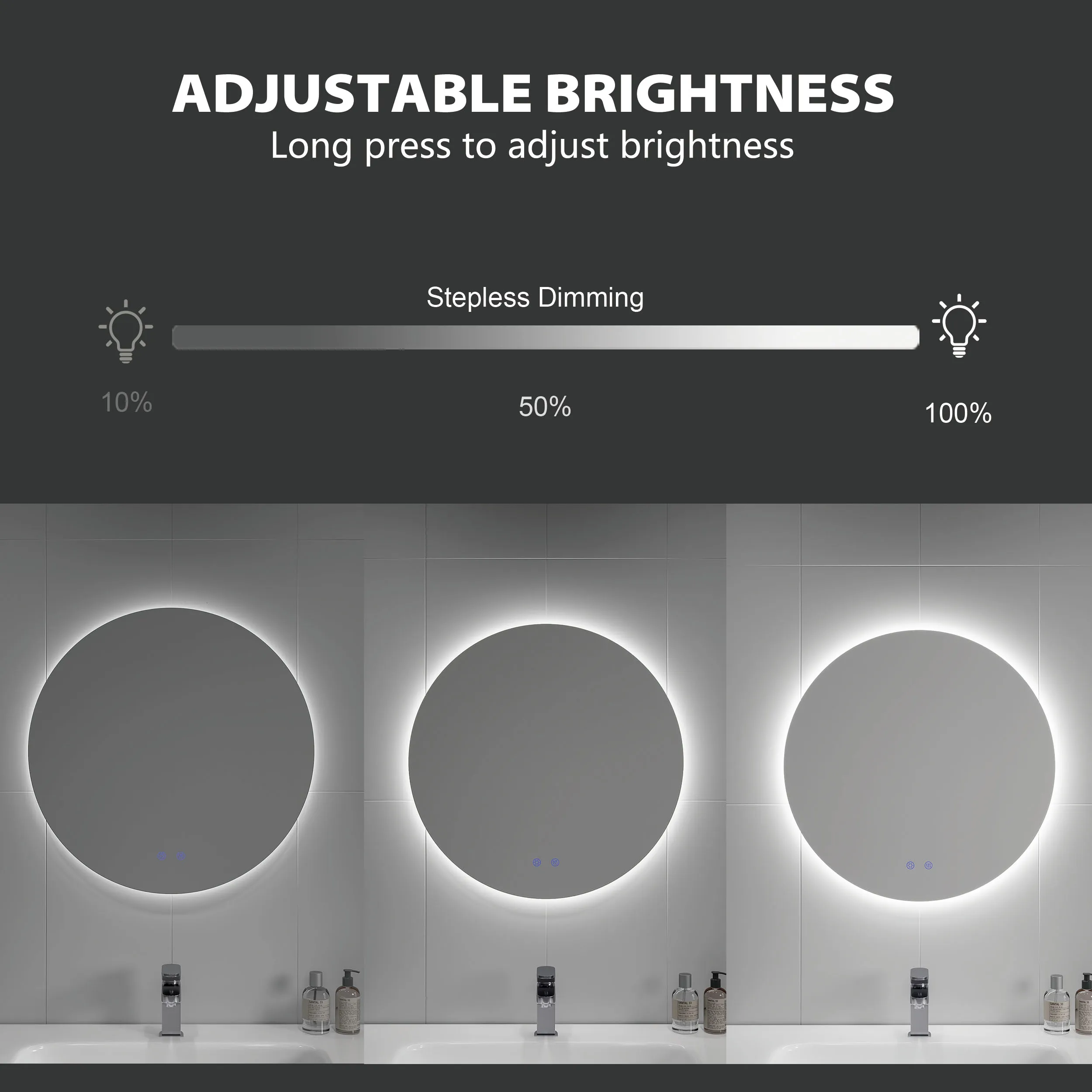 Stepless Dimmable Anti Fog 60cm Backlit Silver Smart Lighted Vanity With Lights Modern Round Led Round Bathroom Mirror 24 Inch