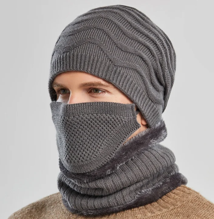 
Winter fashion men hat scarf mask set outdoor cycling plush thick warm knitted hat protect face neck wool beanies ski skull 