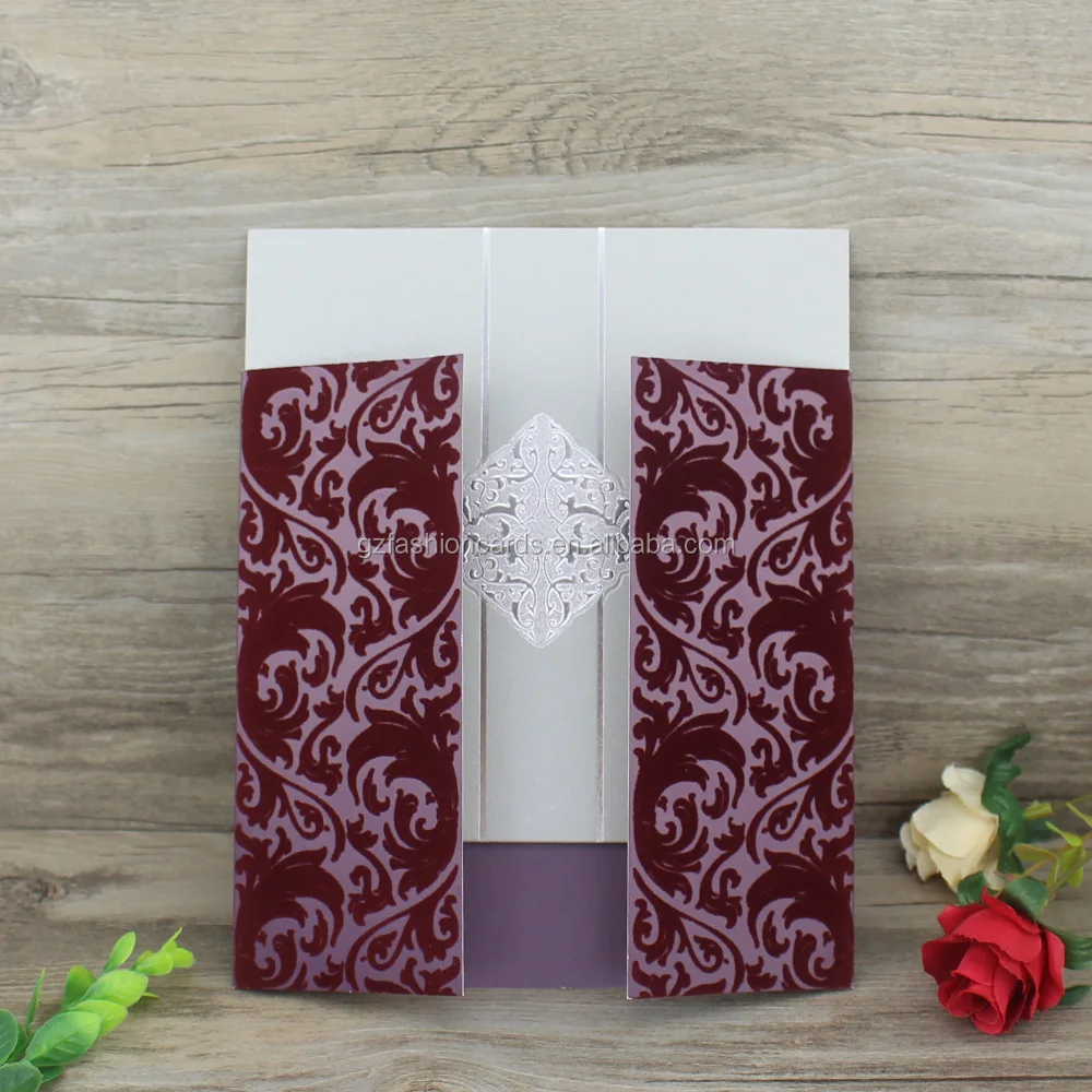 New Product Ideas Personalised Dark Green Flocking Embossed Wedding Cards and velvet pattern invitation cards