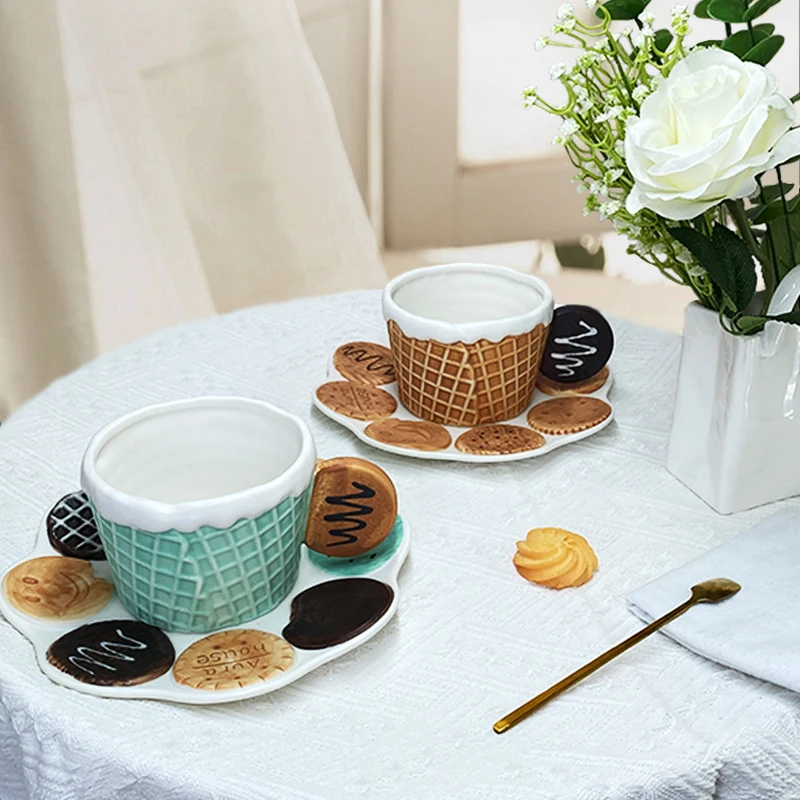 ZC INS High appearance gift mug and plate Niche hand-painted biscuit design office teacup Creative ceramic coffee cup saucer