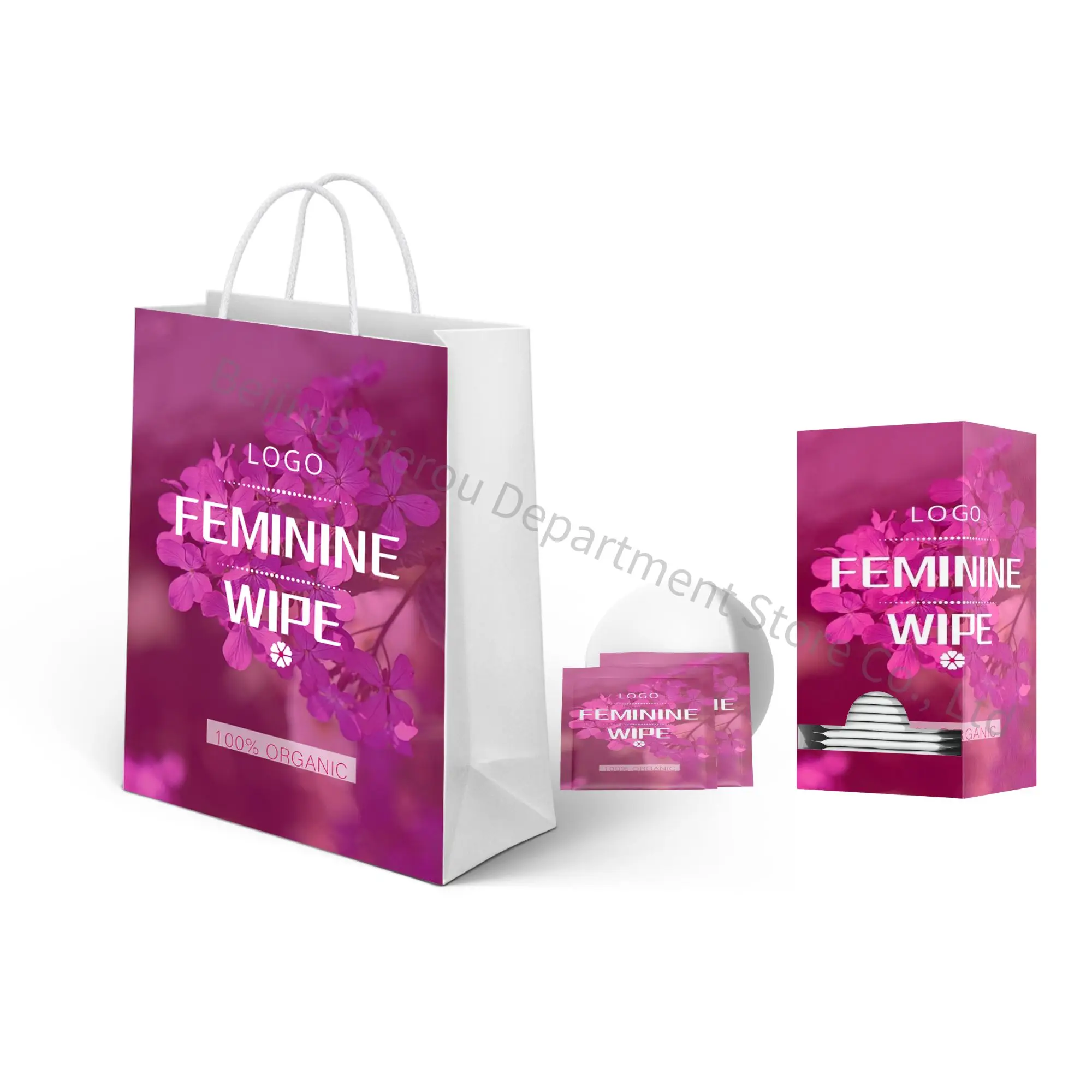Wholesale private label customized 99.9% pure water feminine intimate hygiene wipes gift set with paper bags