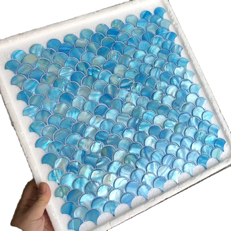 Special Blue Color Fish Scale Shape Natural Mother Of Pearl Shell Mosaic Backsplash Wall Tile