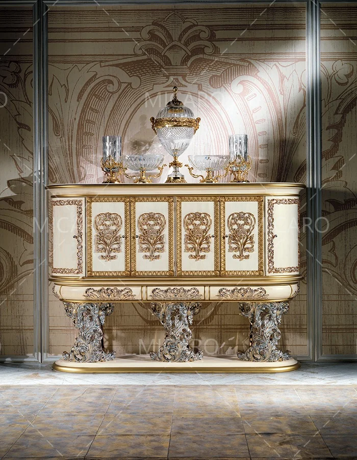 Luxury exquisite unique hand carving gilding Italian style solid wood Rectangular glass top dinning table with 8 seater