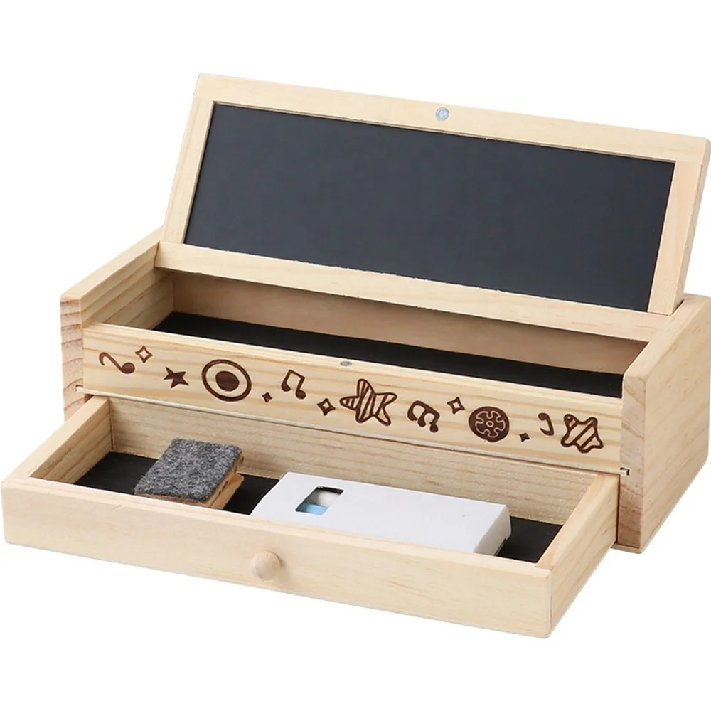 Cheap Wooden stationery box desktop storage box multi function blackboard with drawer double layer pencil sundry storage box