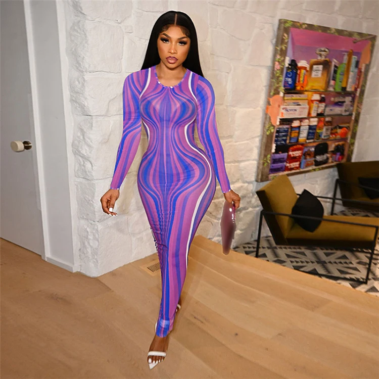 2021 Fall Clothing Breathable New Style Women Slim Fitted Printing Long Sleeve Mesh Maxi Dresses Sexy Transparent Striped Dress