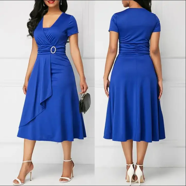 C240032 Plus Size Midi Career Dress Short Sleeve Irregular Swing Waist Work Party Dresses