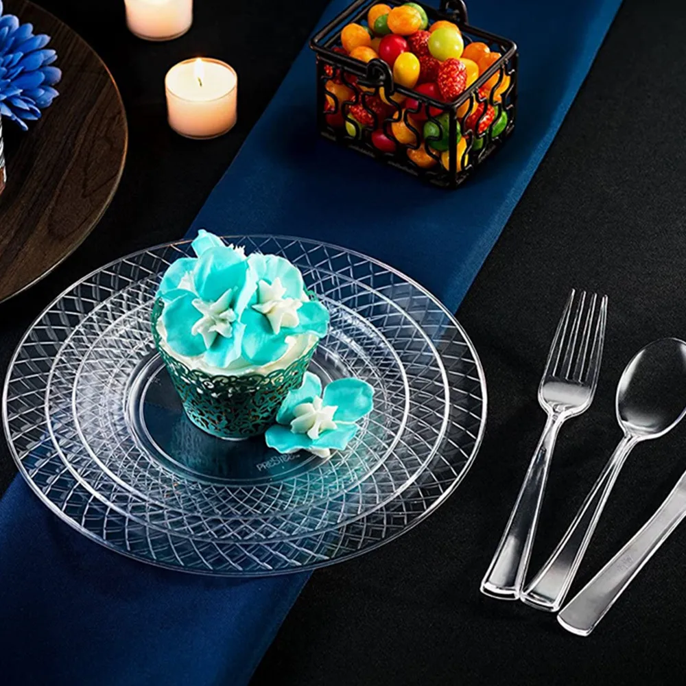 Disposable  Crystal Clear Diamond Plastic Plate Set 6.25 Inch Fancy Hard Round Heavy Duty for Wedding Party