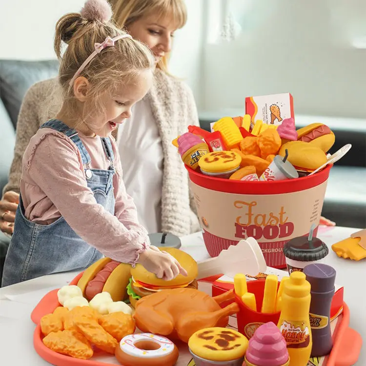 82pcs Kids Kitchen Toys Fast Food Restaurant Hamburger Set Pretend Play Mini Kitchen Food Educational Toy Role Playing House