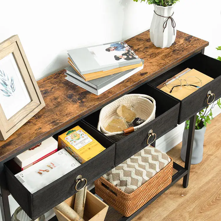 Suoernuo Wholesale Living Room Hallway Console Table Narrow Sofa Table with 3 Storage Drawers and Mesh Shelves Entryway Table