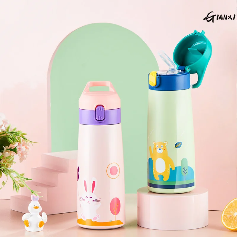 GIANXI Kids Stainless Steel Straw Mug With Case Cartoon Leak-Proof Vacuum Flask Children Thermal Water Bottle Thermocup