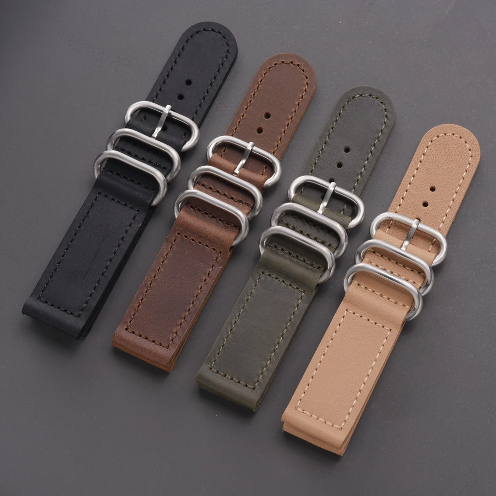 EACHE Luxury 20mm 22mm 24mm Silver ZULU Buckle Crazy Horse Leather Strap Watch for Man