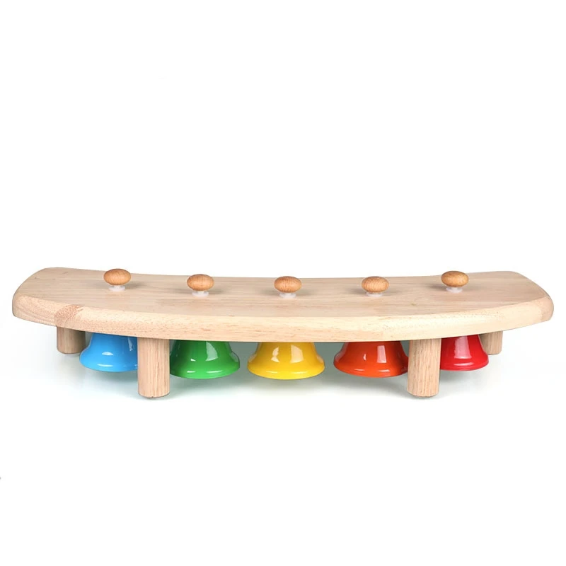 Hot Selling Kids Wooden Music Educational Toys Bells Percussion 5-Tone Bell With Wood Metal Bells Wholesale