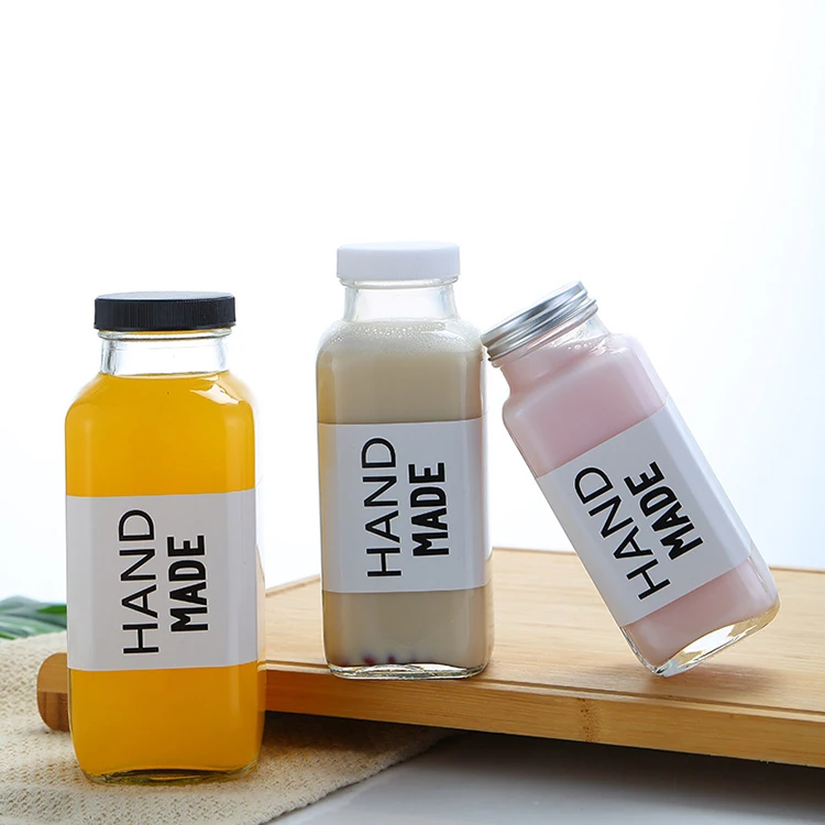 Custom Label 2oz 4oz 6oz 8oz 12oz 16oz Glass Juicer Bottles French Square Bottles with Plastic or Metal Lid