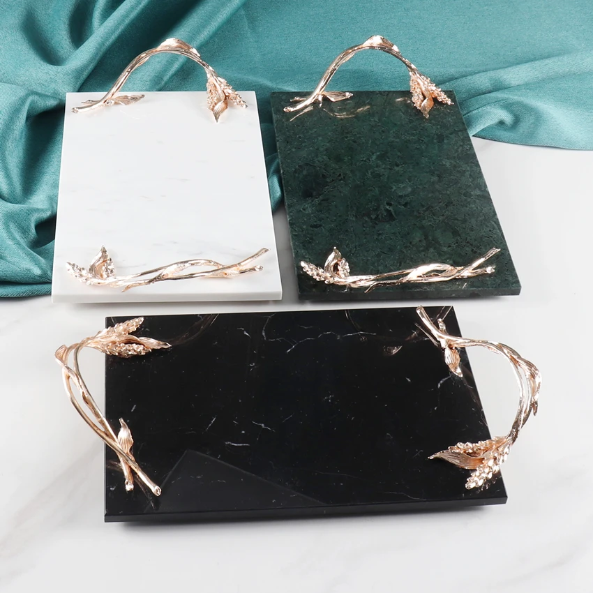 Поднос для украшения дома с натуральным мрамором и гальваническим золотым пшеничным ушком