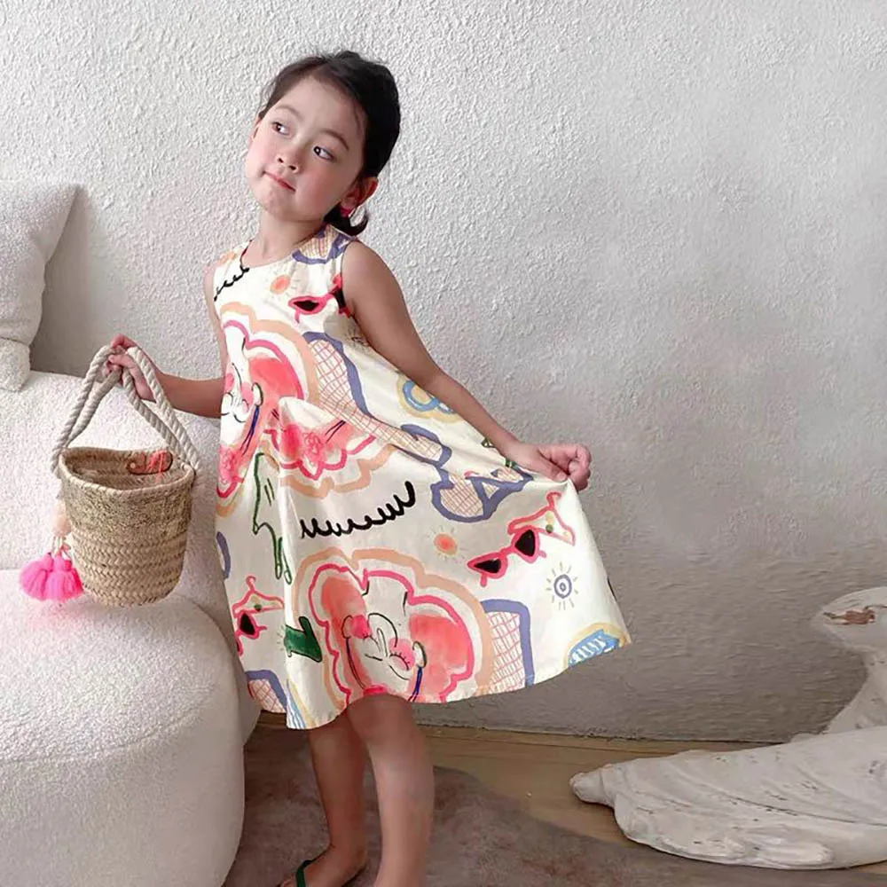 Bear Leader 2022 New Floral Summer Baby Girl Dresses Korean Sleeveless Cotton Infant Princess Dress Graffiti Sundress