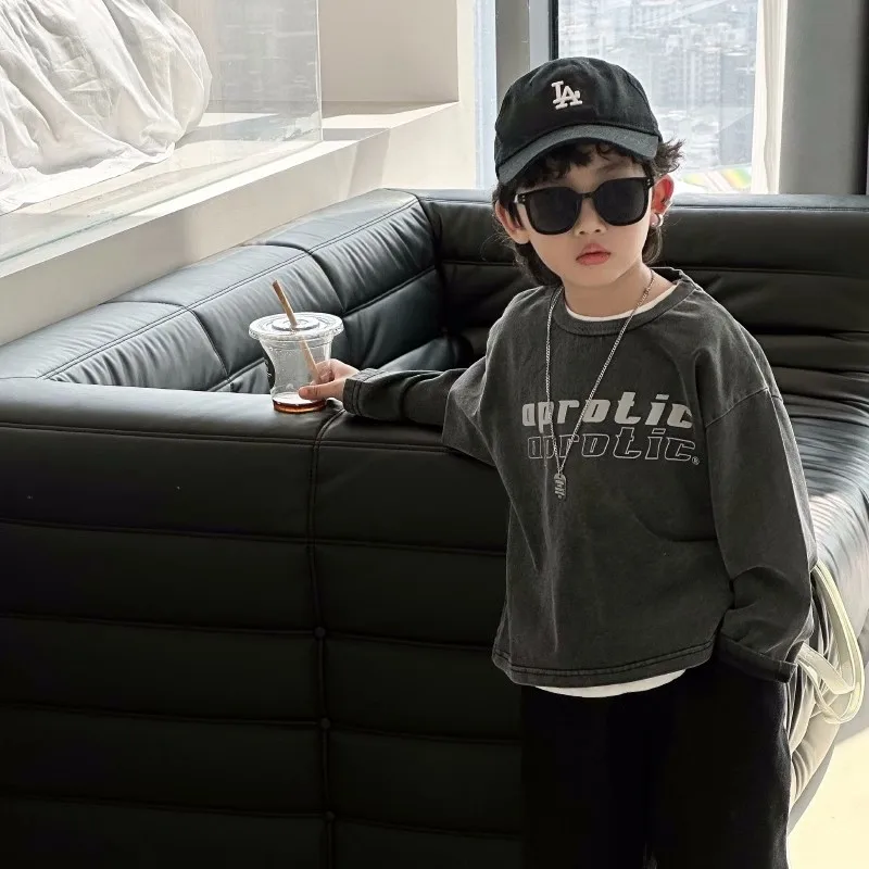 Hot Sales Kids Spring Clothes Acid Wash Shirt Printing Tshirts Boy Clothing 6 to 14 Years Summer Clothes for Kids Tshirt Cotone