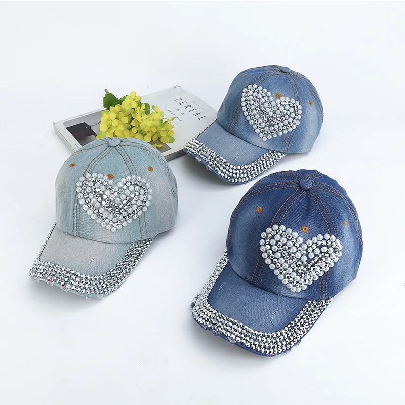 Wholesale 6 panel denim baseball cap custom rhinestone pearl hat