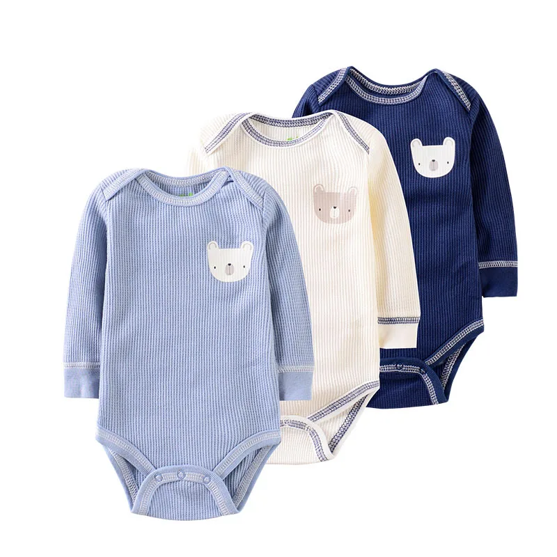 3 Pack Waffle Texture 100% Cotton Long Sleeves Baby One Piece Romper Bodysuit for Newborn Infant Boys and Girls