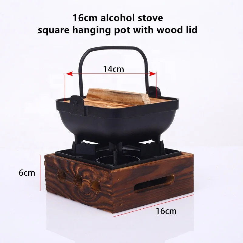 Japanese style cast iron hanging pot wood tray alcohol bbq grill table top mini roasting bbq stove