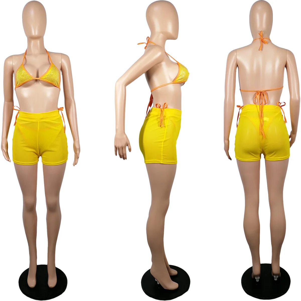 2022 Women 3 Piece Swimsuits Halter Rhinestone Bikinis & Beachwear Sexy Mesh Bath Suit