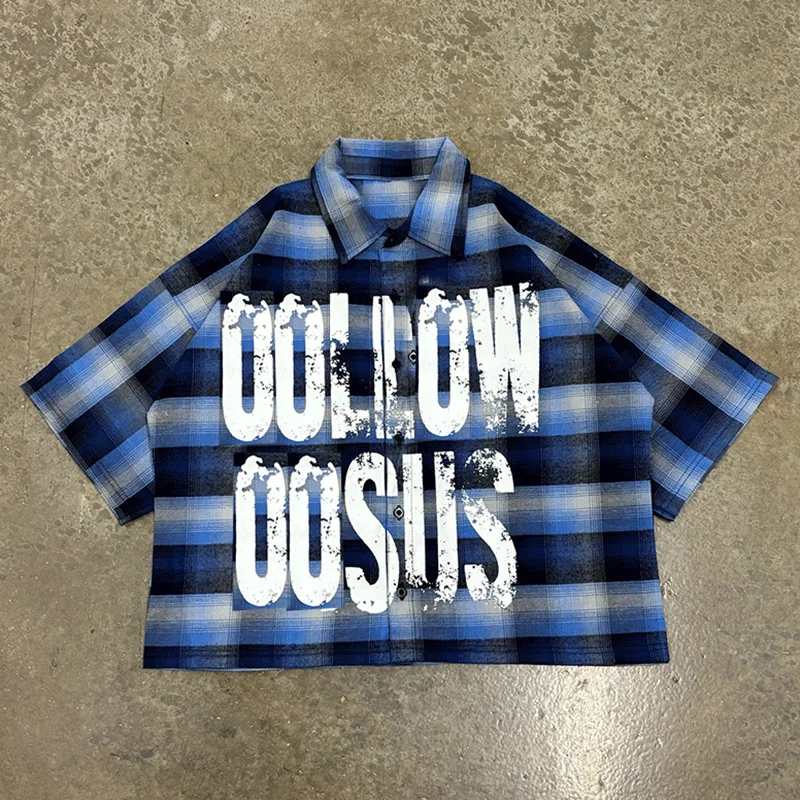 Salati Custom Designer Print Logo Cropped Vintage Shorts Sleeve Button Down Up T-shirts Check Tshirts Plaid Flannel Shirts Men