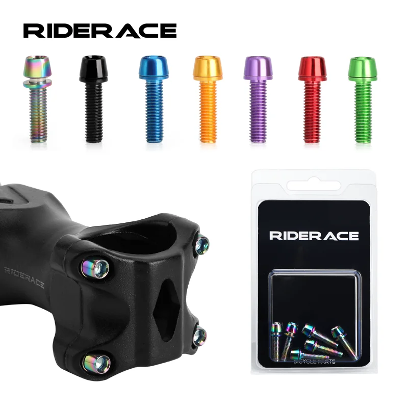 RIDERACE 6Pcs/Set Handlebar Screws Tianium-plated Colorful Stainless Steel Road Bike Handle Bar Stem Riser Screws Bike Accessory