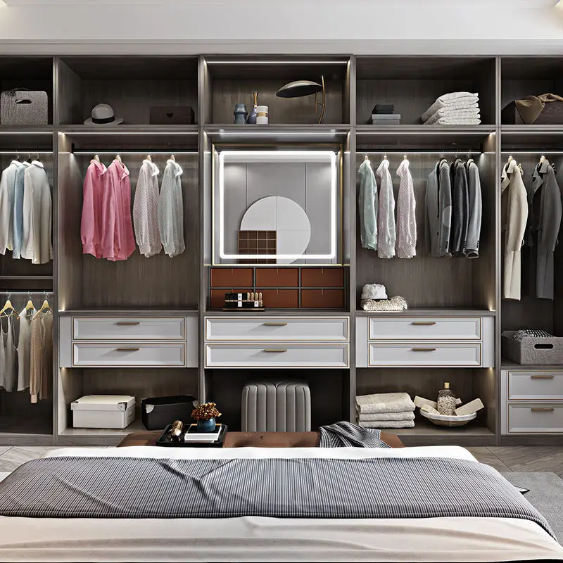 Modern White Wood PVC Sliding Bedroom Wall Wardrobe MDF Door Clothes Cabinet with Mirror Dressing Drawer Closet Design
