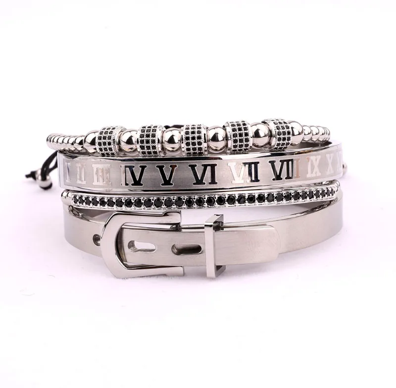 New design luxury CZ crown charm stainless steel belt bangle macrame bracelet set for men women
