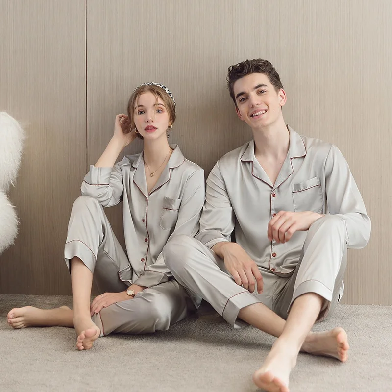 2022 new arrivals ice silk family sleepwear luxury couple Pajamas sets silk satin solid sleepwear for women and men