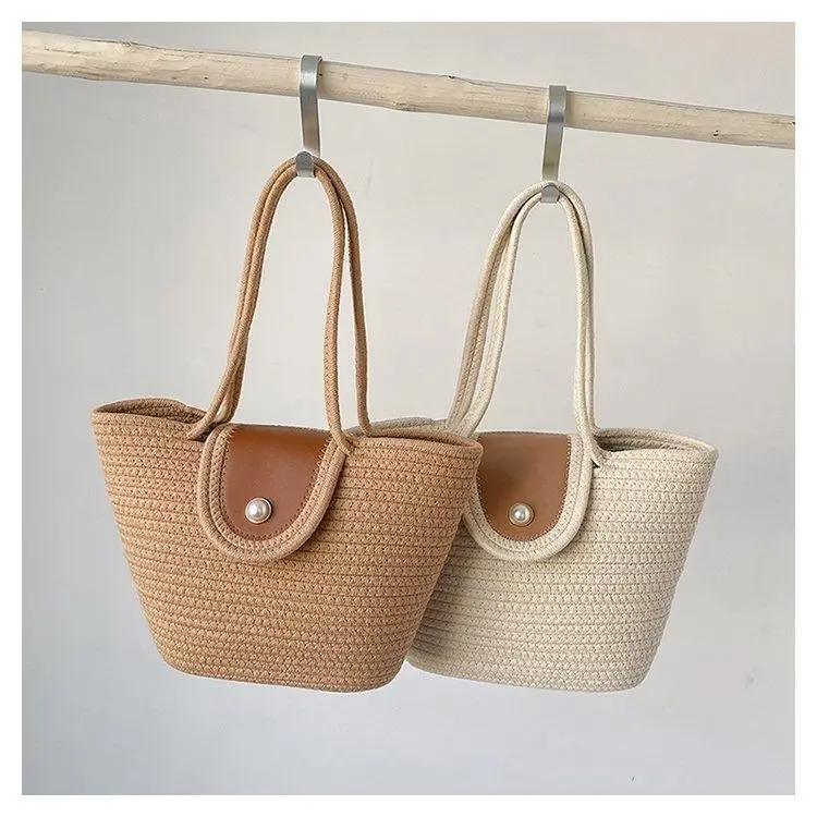 2024 Travel Beach Woven Handbag Woven Basket Tote Shoulder Bag Cotton Rope Crochet Knit Macrame Bag bucket storage beach bag
