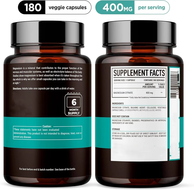 Magnesium Citrate Powder Capsules 400mg 180 Count Pure Non-GMO Supplements