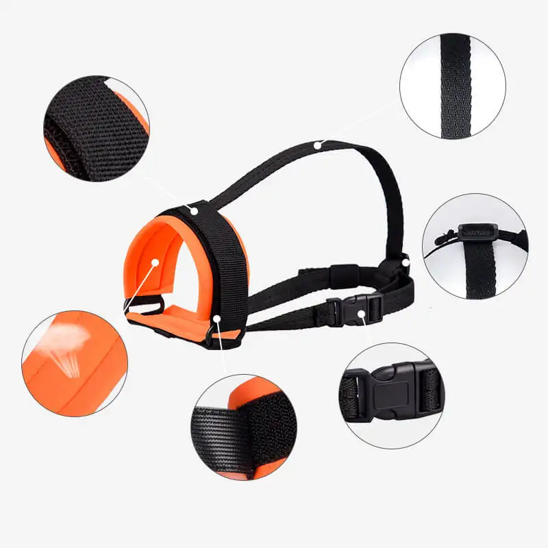 Adjustable size soft-lined dog muzzle with anti-biting and breathable material allowing for drinking