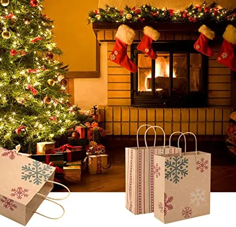 Xmas Custom Santa Claus New Year Party Gift Printed Craft Luxury Shopping Christmas Packaging Kraft Paper Gift Bag With Handles