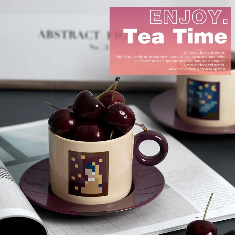 Pixel Style Ceramic Tea set Porcelain Mug Dinnerware Pure Glazed Tea set New Bone China Kitchen Decoration with Saucer Set