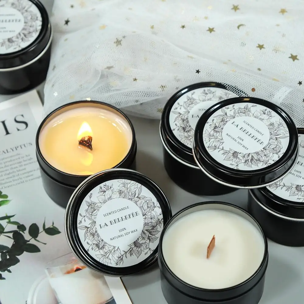 Wholesale Custom Private Label Black Tin 70g Soy Wax Wood Wick Scented Candle