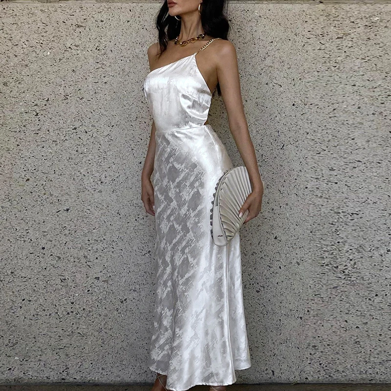 KSH470 Party Evening Sleeveless Backless Chain One-Shoulder Solid Crochet Maxi Grown Dress Elegant Women