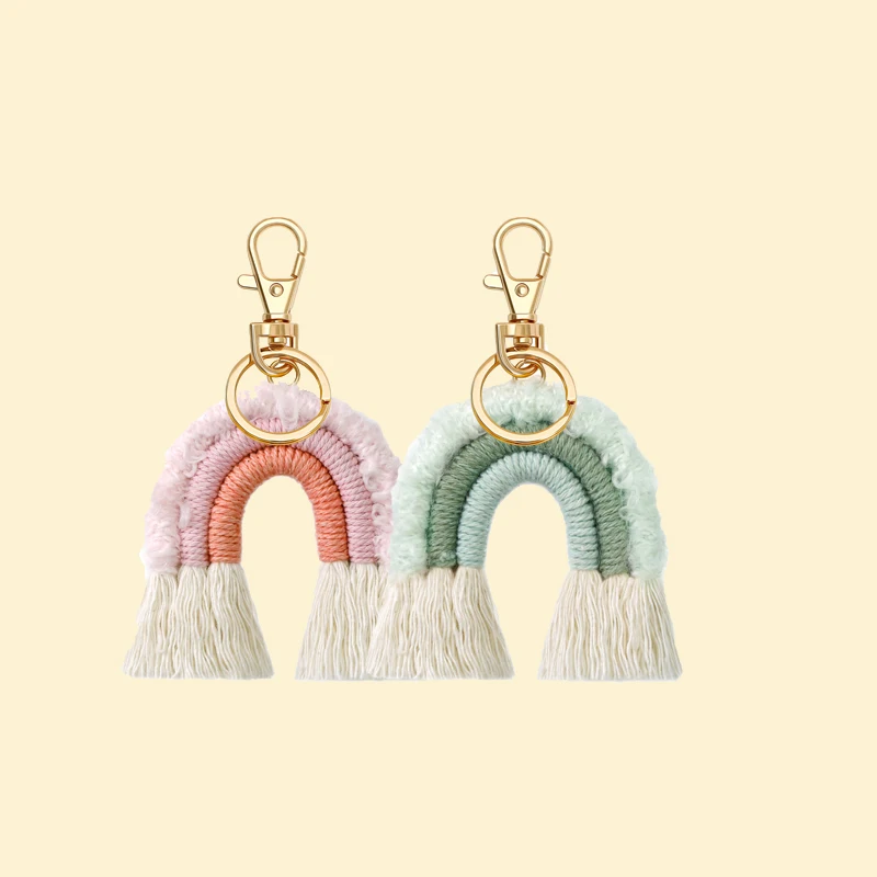 Design high-quality hand woven rainbow cotton tassel car backpack keychain