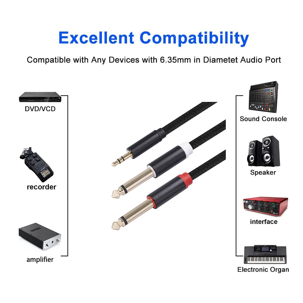 Speaker Audio Cable 3.5mm To Double 6.35mm Aux Cable 2 Mono 6.5 Jack To 3.5 Male For Phone To Mixer Amplifier 6.35 Adapter