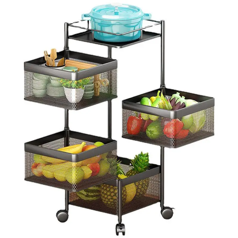 Rotating Kitchen Fruit Vegetable Shelf 3/4/5 Layer 360 Household Storage Rack Black Square Fruit Trolley