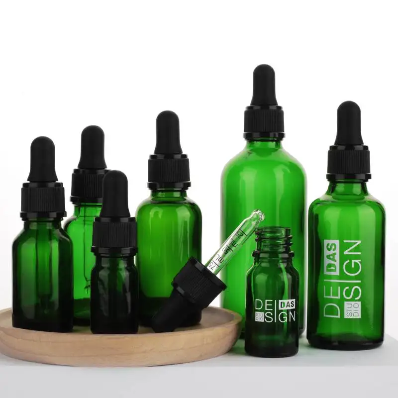 Sale Small Skincare Green Glass Bottle Skincare Cosmetic Oil Dropper Bottles 100ml 50ml 30ml with Black Ribbed Dropper