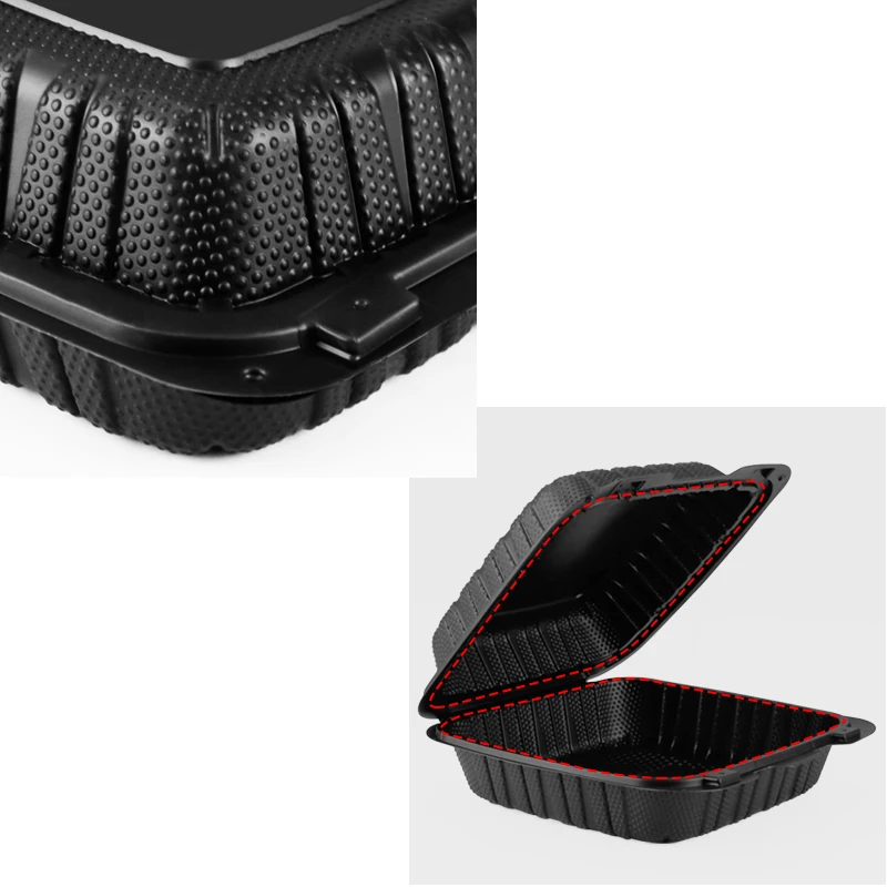 pp801 to go 8 x 8 inch mfpp hinged lid microwave food containers eco-friendly  food packing black color heavy duty clamshell