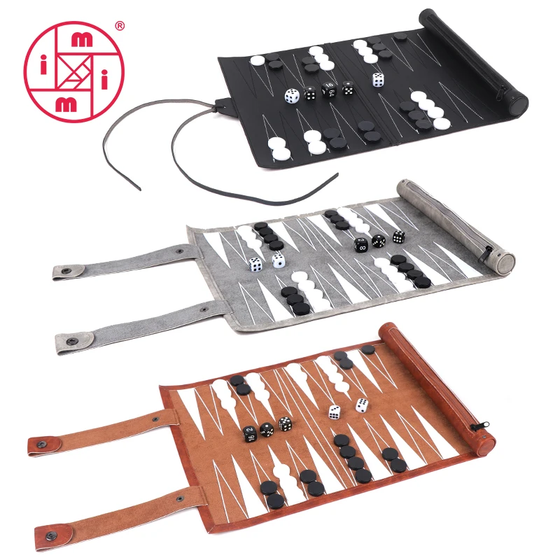 2 in 1 Backgammon Leather Chess Portable Travel Game Set Chess Roll Up Backgammon Chess