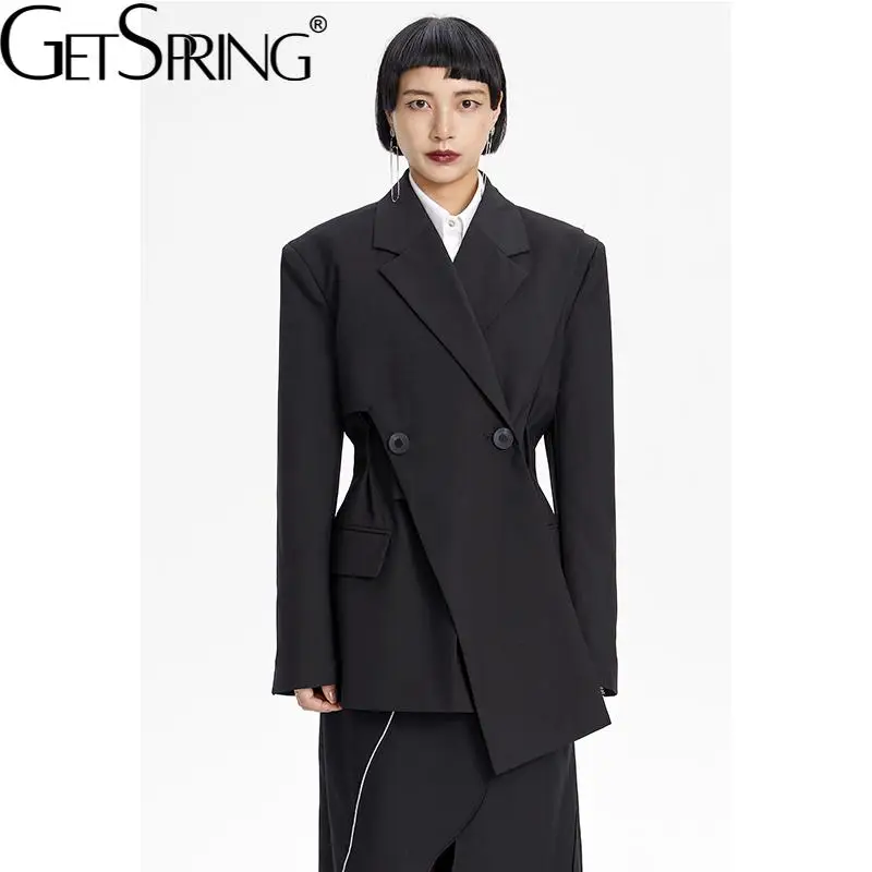 Getspring Women Blazer Irregular Black Vintage Blazers And Jackets Asymmetry Solid Color Long Autumn Women's Clothing