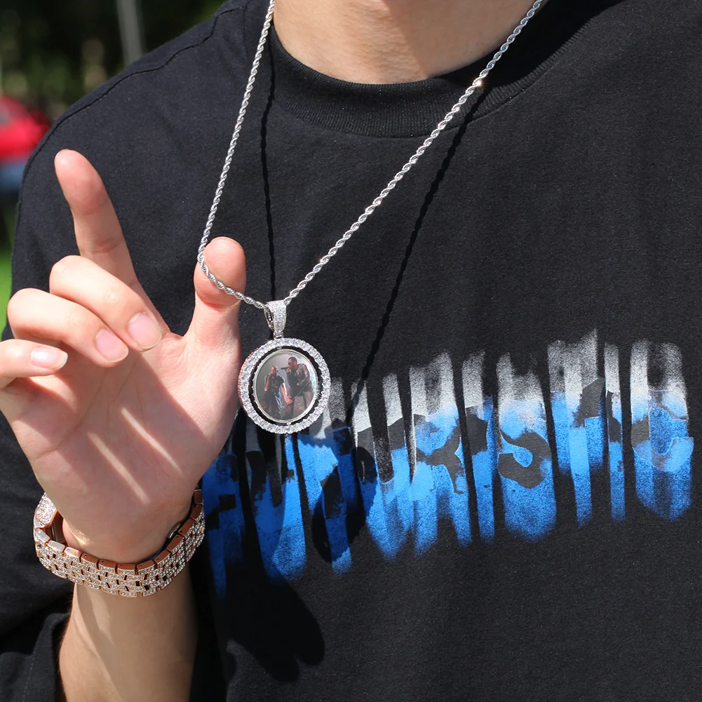 Double Face Round Photo Custom Necklace Pendant Tennis Chain Gold Cubic Zircon Spin Picture Necklace Hip hop Jewelry
