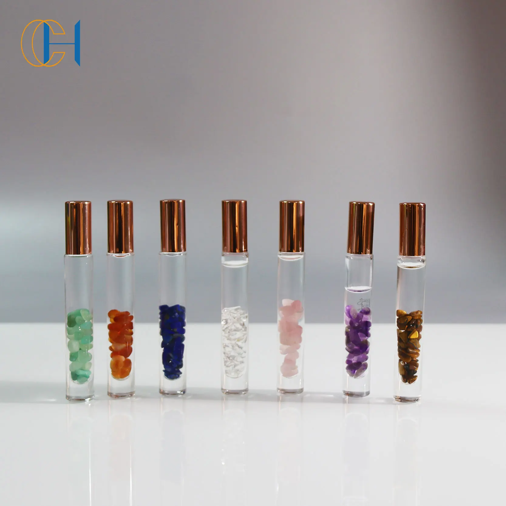 Custom Logo 10Ml 15Ml Rose Gold Lid Essential Oil Natural Crystal Gemstone Roller Bottle